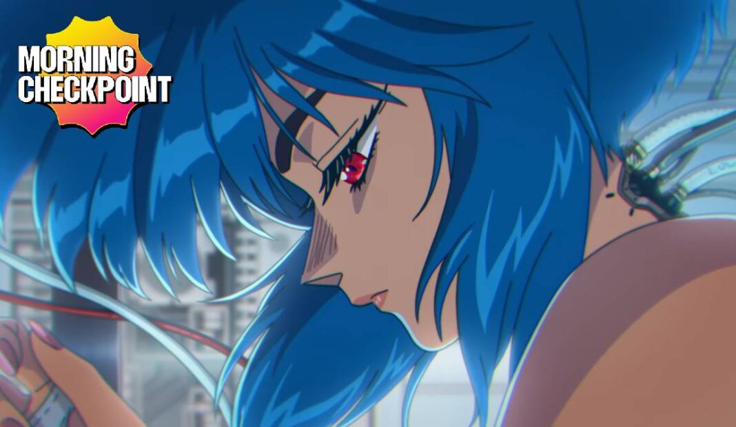 A blue haired woman is in a tube.