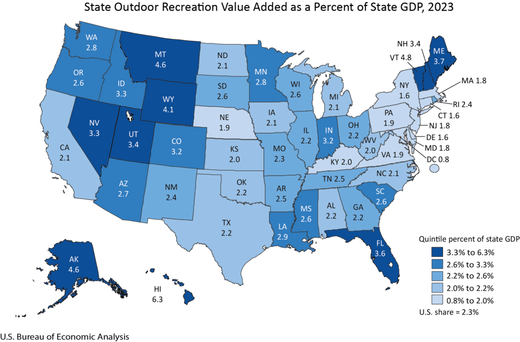 Map of State Outdoor Recreation Value Added, 2023